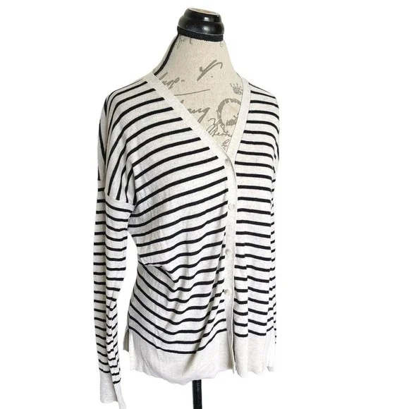 Loft Womens  Sweater Medium Cardigan Button Down Striped Beige Wool Blend Ribbed - Picture 2 of 12